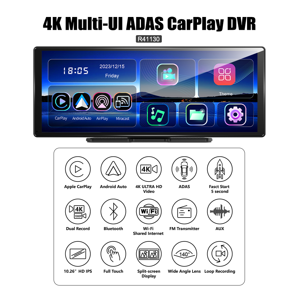 11.3" Wireless CarPlay & Android Auto Smart Rearview Mirror DVR – ADAS | Dual Camera | Touch Screen