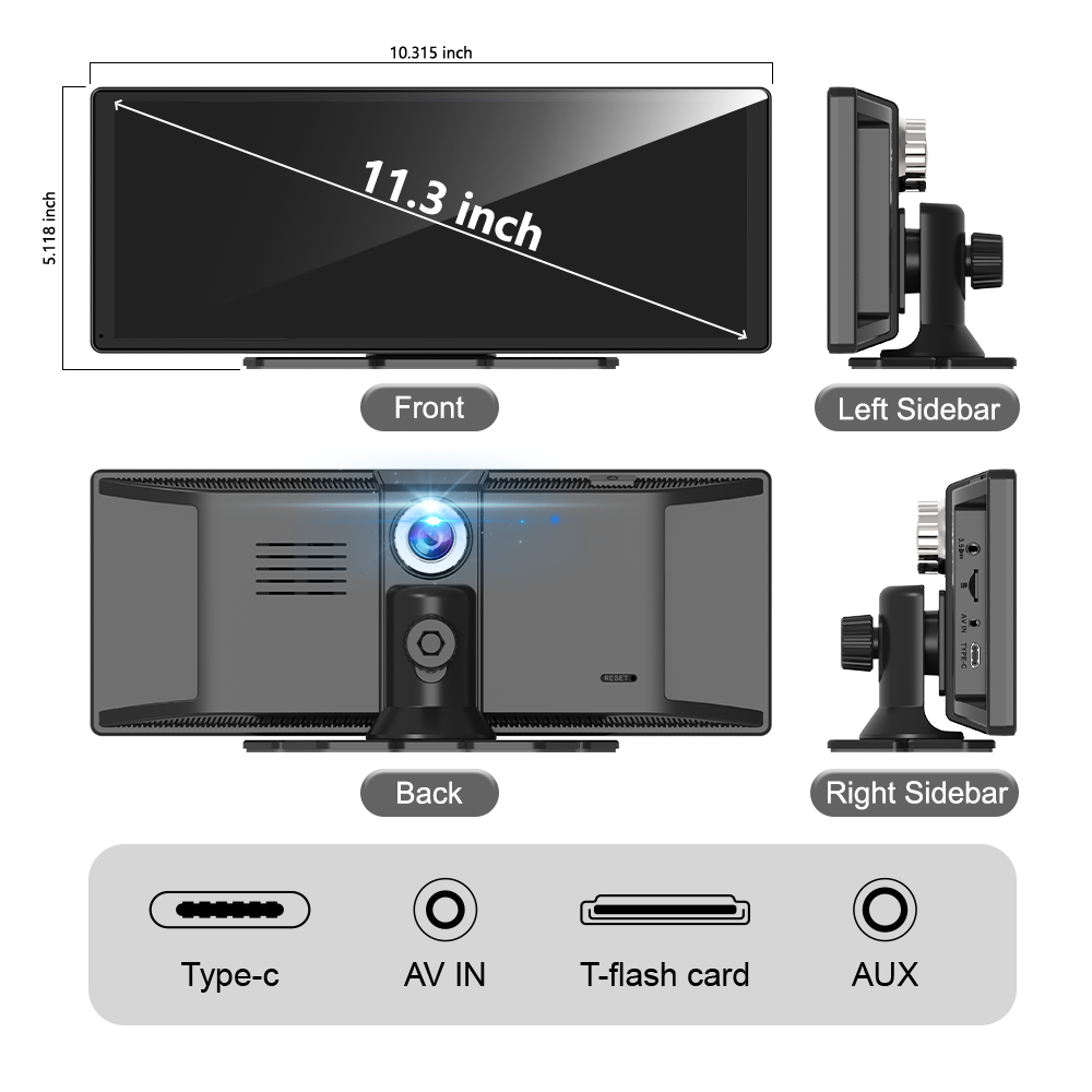 11.3" Wireless CarPlay & Android Auto Smart Rearview Mirror DVR – ADAS | Dual Camera | Touch Screen