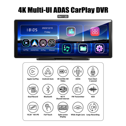 11.3" Wireless CarPlay & Android Auto Smart Rearview Mirror DVR – ADAS | Dual Camera | Touch Screen